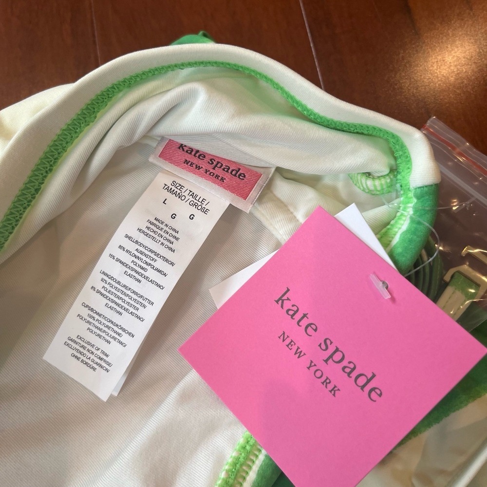 Kate Spade Swimsuit One-Piece Pesto Green White Stripe Straps Size Large - Picture 4 of 5